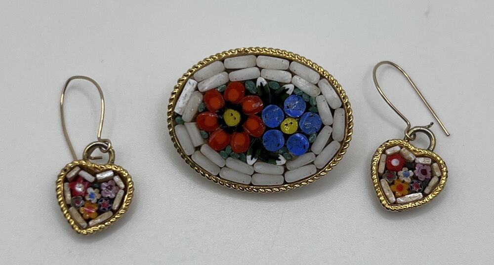 Italian Gold Tone Micro-Mosaic Murano Glass Oval Flower Brooch & Heart Earrings